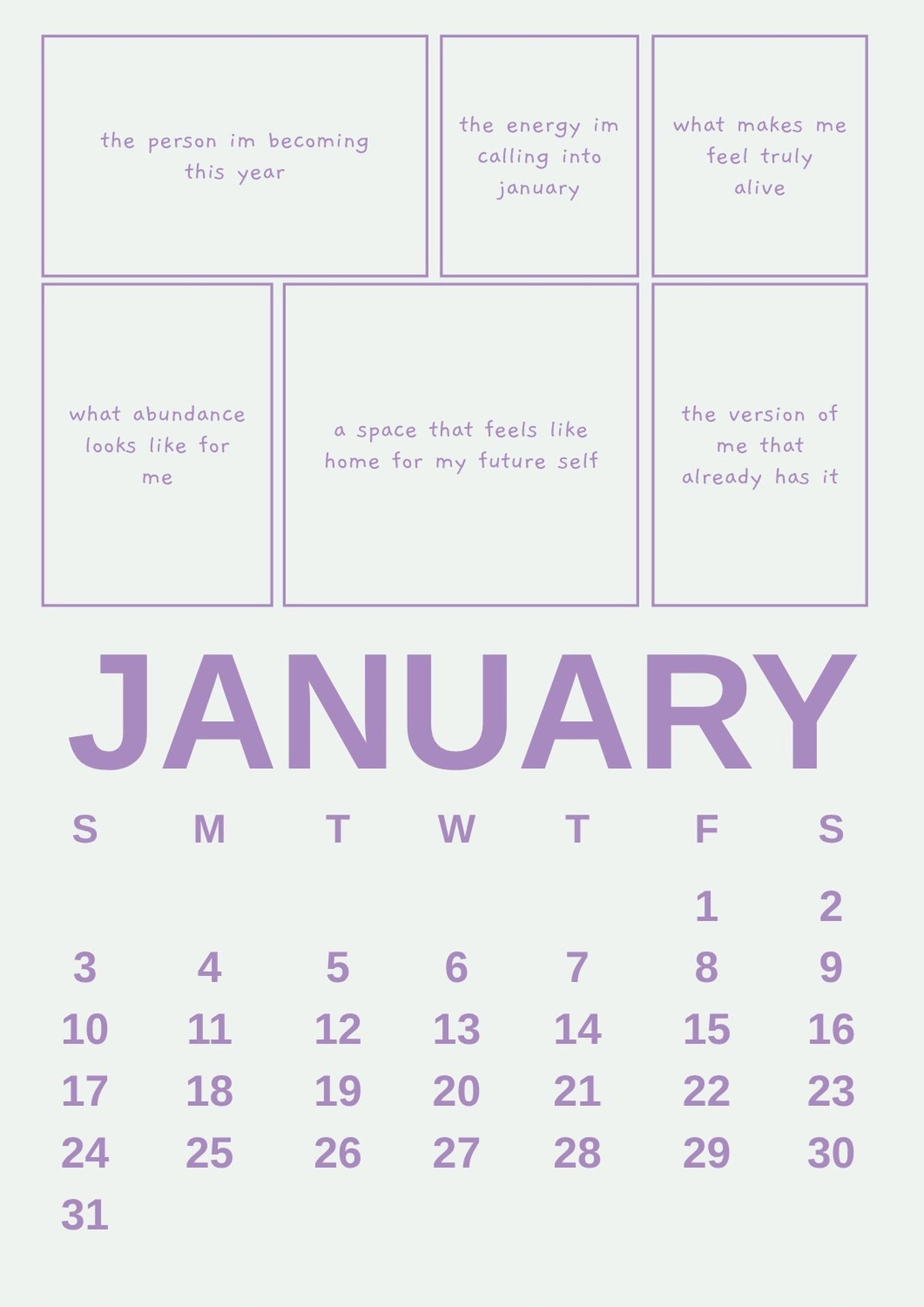January page of the ELLNOVA 2027 vision board calendar